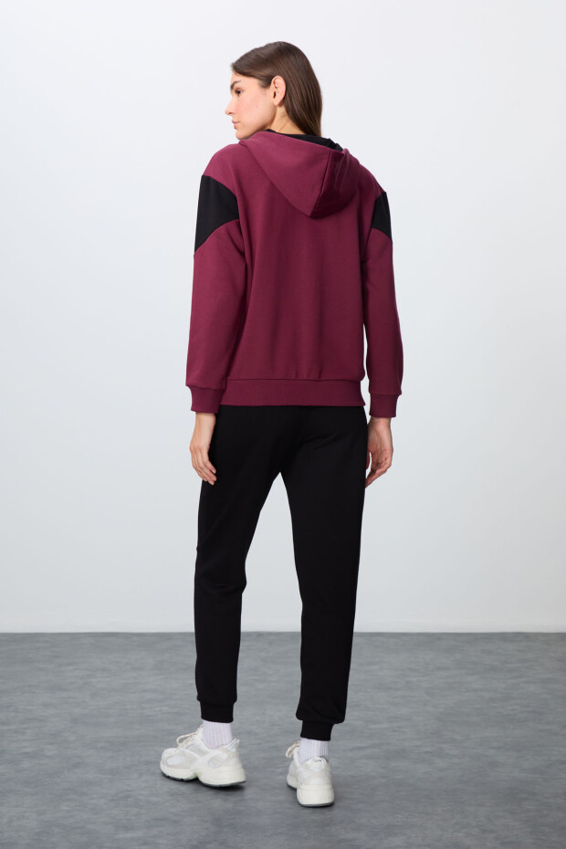 Erguvan-Siyah Pamuklu Kalın Kapüşonlu Oversize Fit Kadın Eşofman Takım - 95343 - 7
