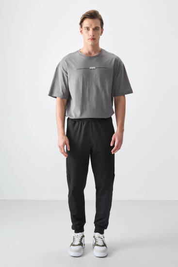 Siyah Yüzeyi Dokulu Standart Fit Nakışlı Erkek Eşofman Alt - 82126 - Air Jones