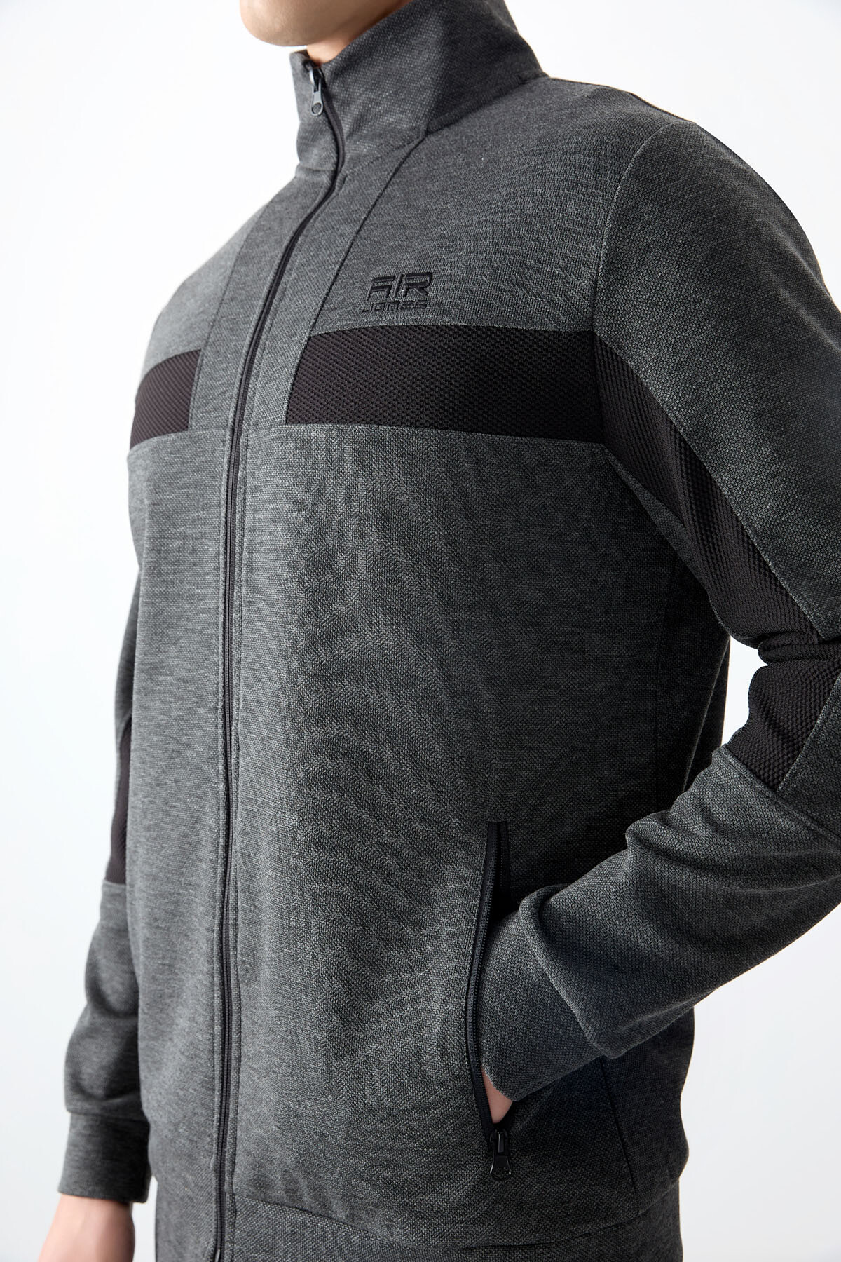 Antrasit Melanj Yüzeyi Dokulu Standart Fit Nakışlı Erkek Eşofman Takım - 85248 - Air Jones (1)