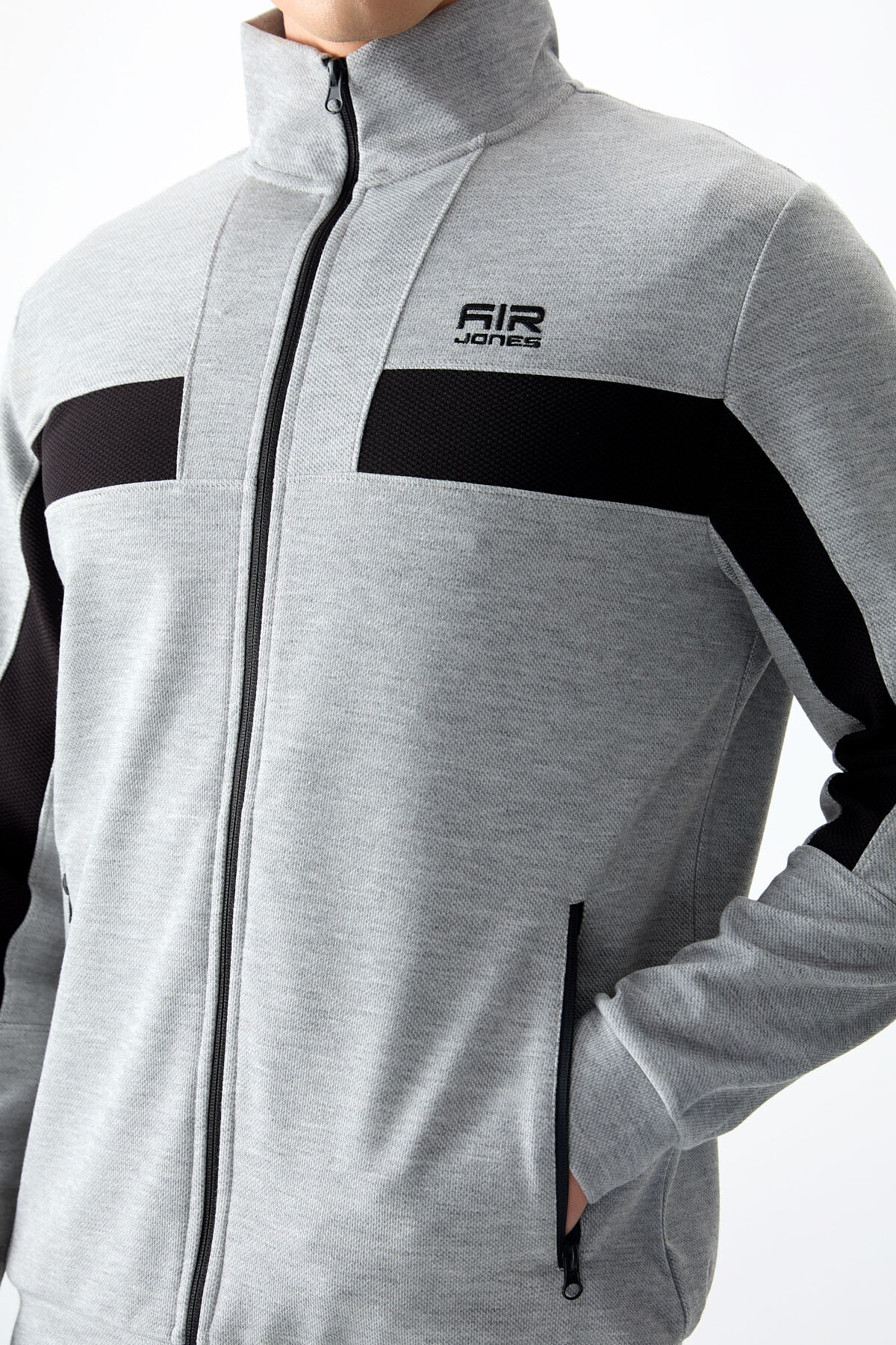 Gri Melanj Yüzeyi Dokulu Standart Fit Nakışlı Erkek Eşofman Takım - 85248 - Air Jones (1)