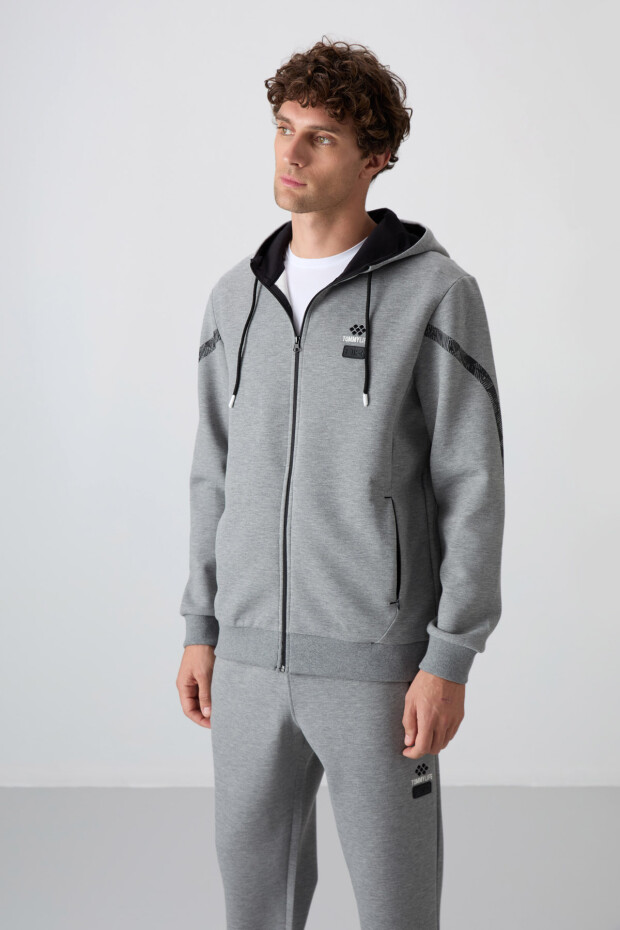 Gri Melanj Pamuklu Kalın Yumuşak Dokulu Comfort Fit Baskılı Erkek Eşofman Takım - 85236 - 5