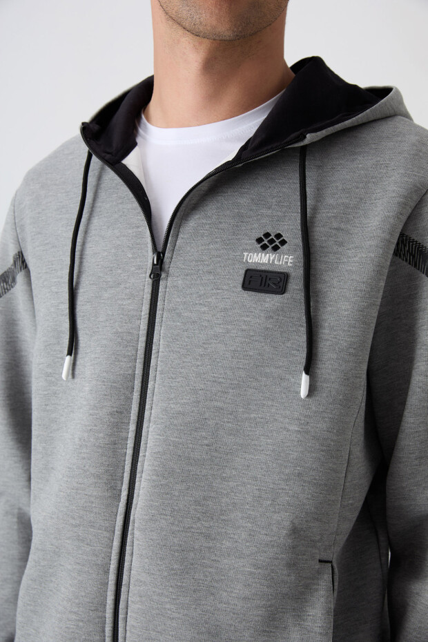 Gri Melanj Pamuklu Kalın Yumuşak Dokulu Comfort Fit Baskılı Erkek Eşofman Takım - 85236 - 4