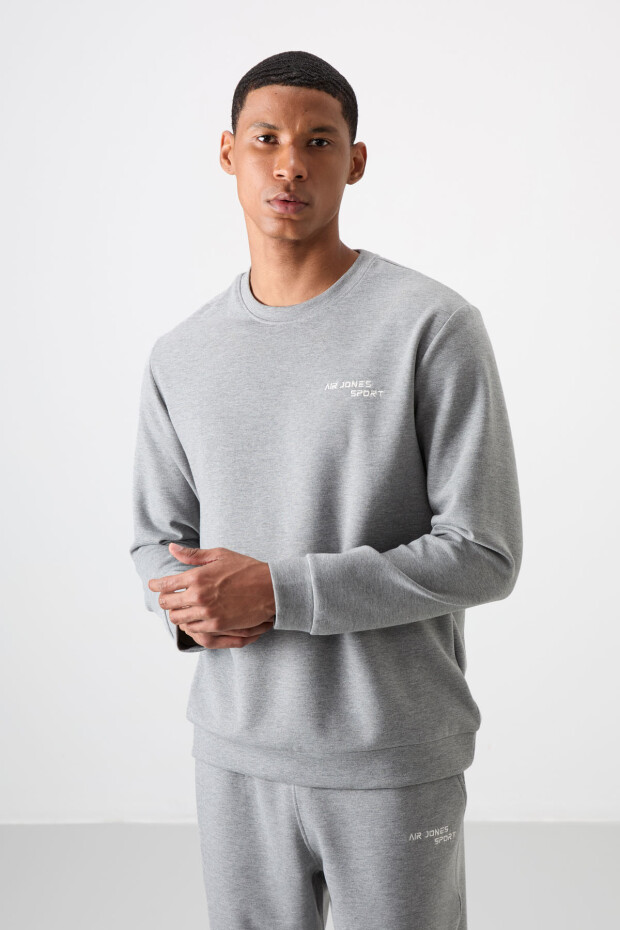 Gri Melanj Pamuklu Kalın Yumuşak Dokulu Comfort Fit Nakışlı Erkek Eşofman Takım - 85254 - 2