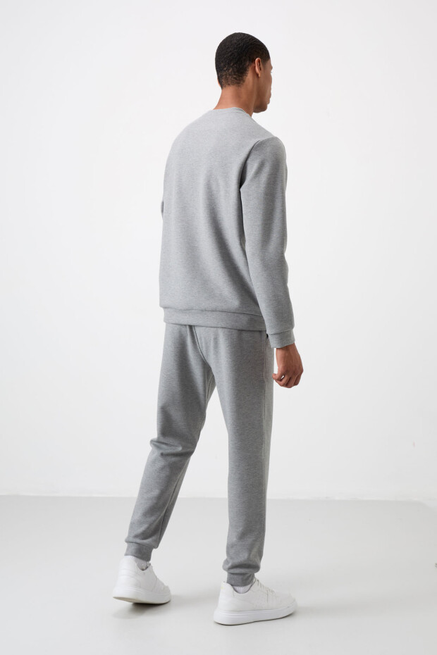 Gri Melanj Pamuklu Kalın Yumuşak Dokulu Comfort Fit Nakışlı Erkek Eşofman Takım - 85254 - 9