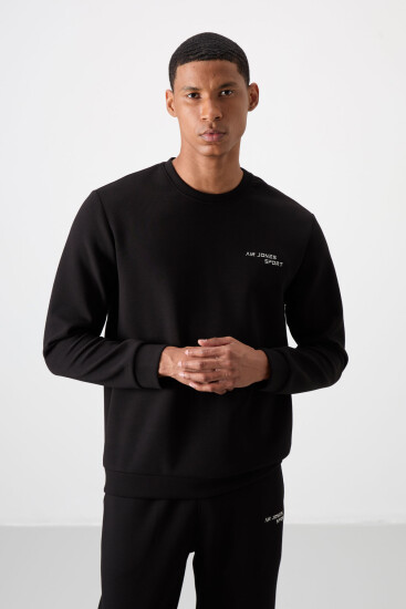 Ekru - Siyah Pamuklu Kalın Yumuşak Dokulu Comfort Fit Nakışlı Erkek Eşofman Takım - 85254 - Air Jones (1)