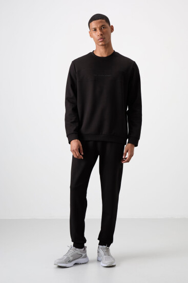 Siyah - Siyah Pamuklu Kalın Yumuşak Dokulu Comfort Fit Baskılı Erkek Eşofman Takım - 85253 - Air Jones