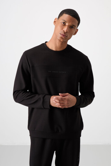 Siyah - Siyah Pamuklu Kalın Yumuşak Dokulu Comfort Fit Baskılı Erkek Eşofman Takım - 85253 - Air Jones (1)