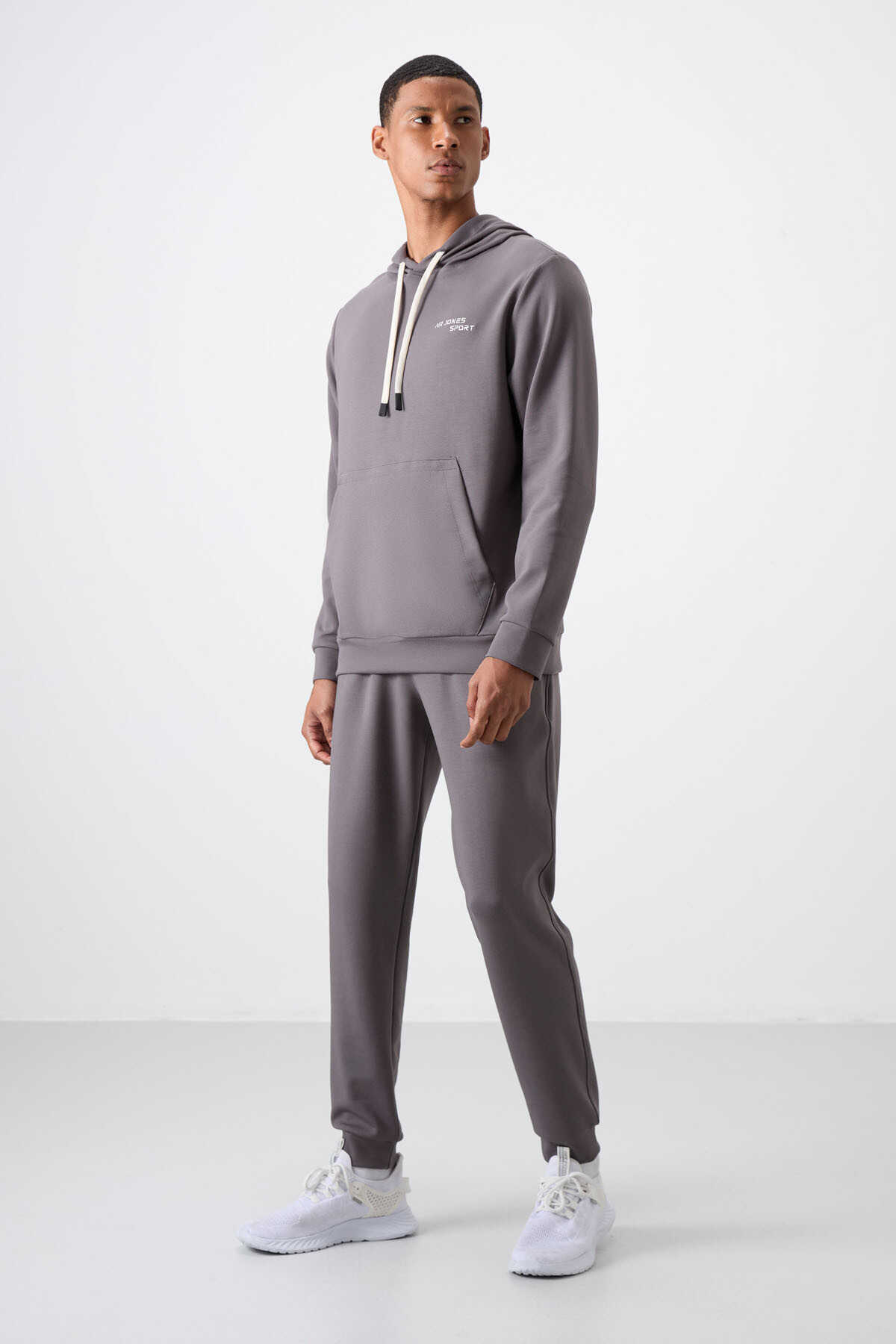 Koyu Gri Pamuklu Kalın Yumuşak Dokulu Comfort Fit Nakışlı Erkek Eşofman Takım - 85255 - Air Jones