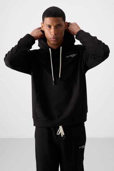 Ekru - Siyah Pamuklu Kalın Yumuşak Dokulu Comfort Fit Nakışlı Erkek Eşofman Takım - 85255 - Air Jones (1)