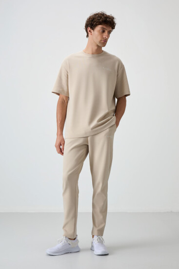 Bej Pamuklu Kalın Yumuşak Dokulu Oversize Fit Nakışlı Erkek Eşofman Takım - 85252 