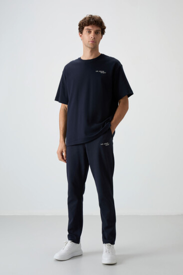 Lacivert Pamuklu Kalın Yumuşak Dokulu Oversize Fit Nakışlı Erkek Eşofman Takım - 85252 