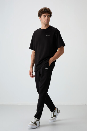 Siyah Pamuklu Kalın Yumuşak Dokulu Oversize Fit Nakışlı Erkek Eşofman Takım - 85252 