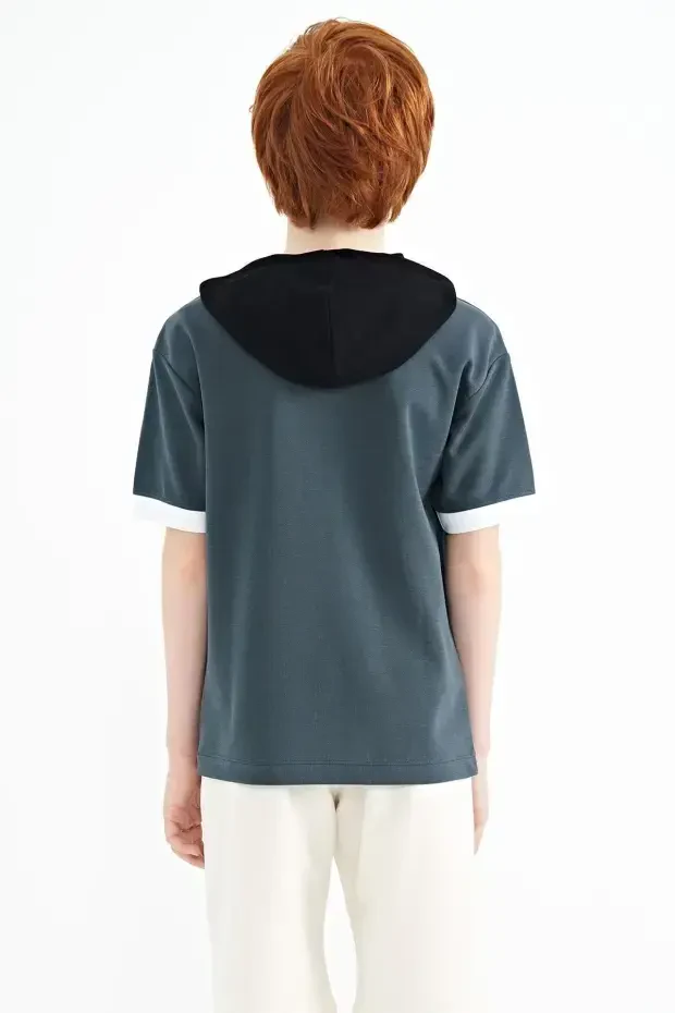 Orman Yeşili Renk Bloklu Kapüşonlu Kanguru Cepli Oversize Erkek Çocuk T-Shirt - 11148 - 6