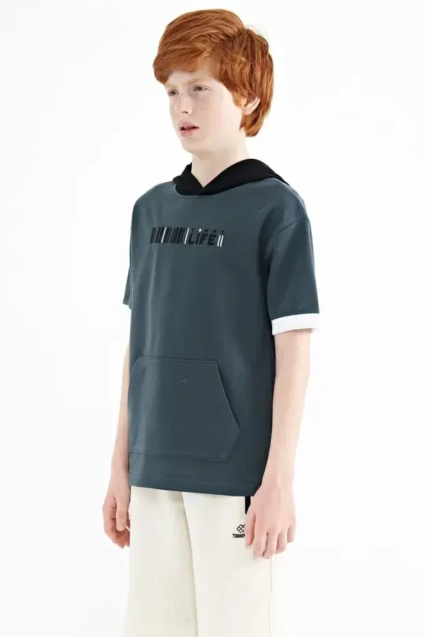 Orman Yeşili Renk Bloklu Kapüşonlu Kanguru Cepli Oversize Erkek Çocuk T-Shirt - 11148 - 2
