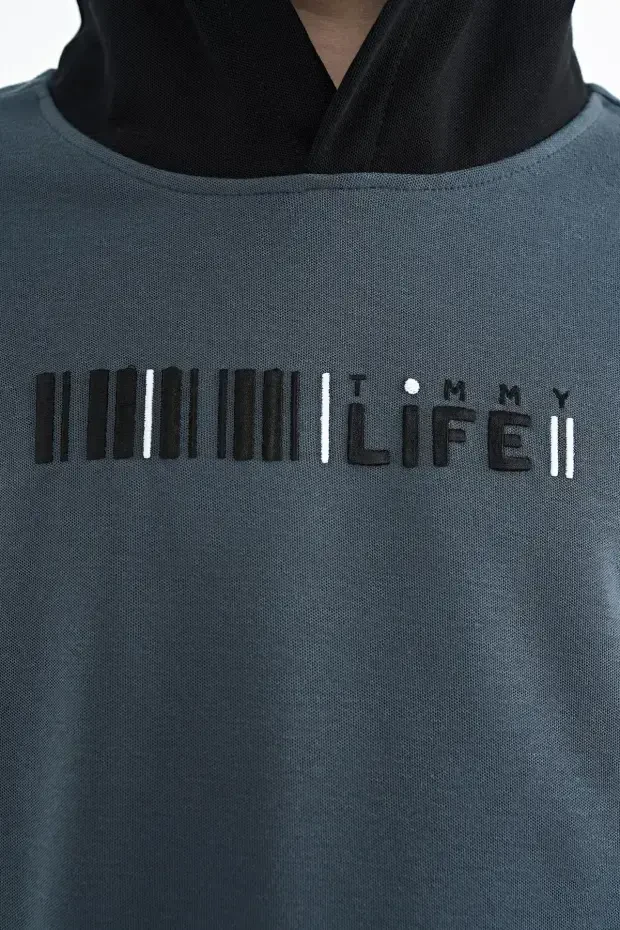 Orman Yeşili Renk Bloklu Kapüşonlu Kanguru Cepli Oversize Erkek Çocuk T-Shirt - 11148 - 3