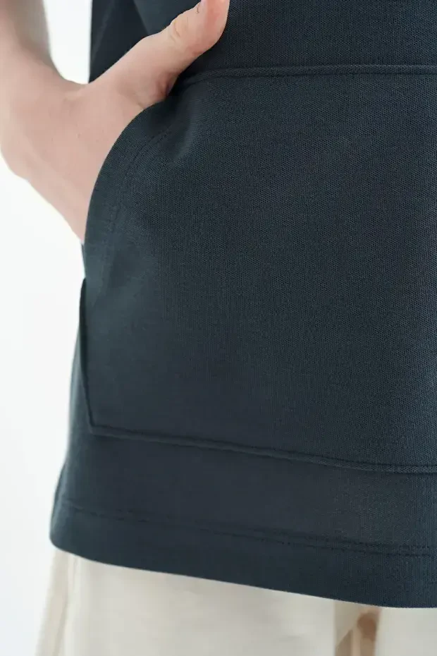 Orman Yeşili Renk Bloklu Kapüşonlu Kanguru Cepli Oversize Erkek Çocuk T-Shirt - 11148 - 4