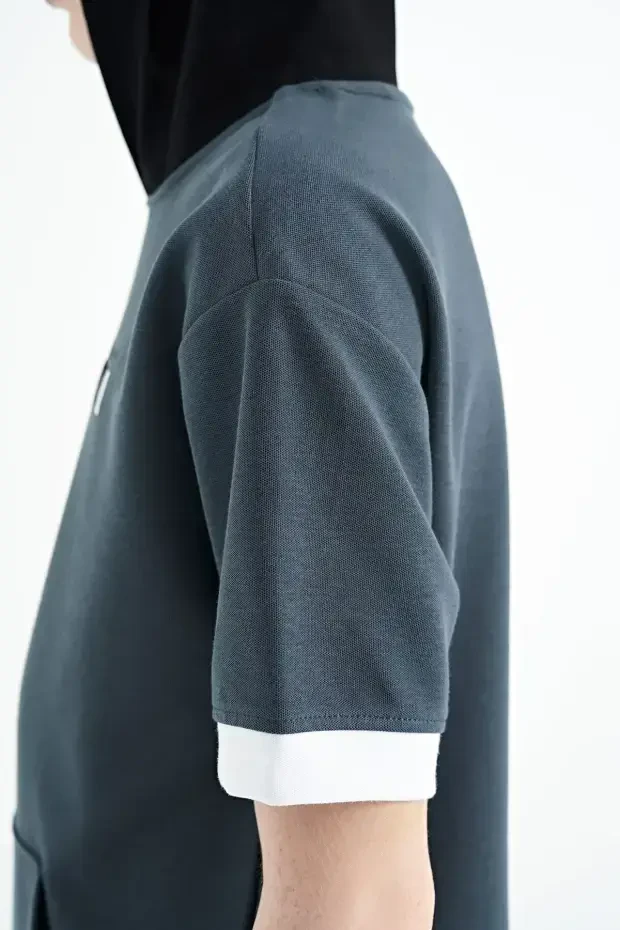 Orman Yeşili Renk Bloklu Kapüşonlu Kanguru Cepli Oversize Erkek Çocuk T-Shirt - 11148 - 5