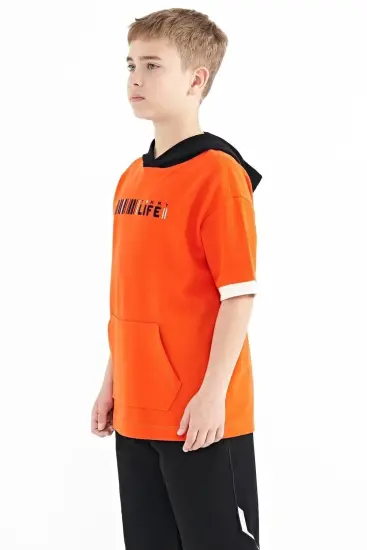 Portakal Renk Bloklu Kapüşonlu Kanguru Cepli Oversize Erkek Çocuk T-Shirt - 11148 - Thumbnail