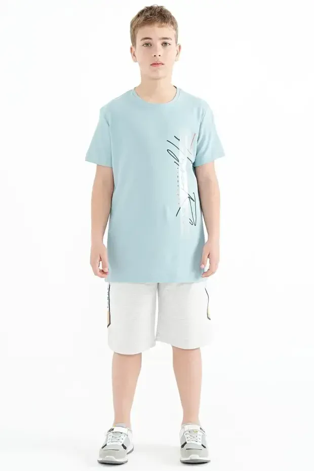Açık Mavi Yazı Baskılı O Yaka Standart Kalıp Erkek Çocuk T-Shirt - 11119 - 2