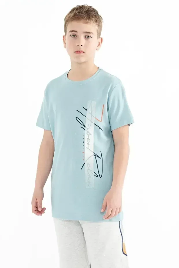 Açık Mavi Yazı Baskılı O Yaka Standart Kalıp Erkek Çocuk T-Shirt - 11119 - 4