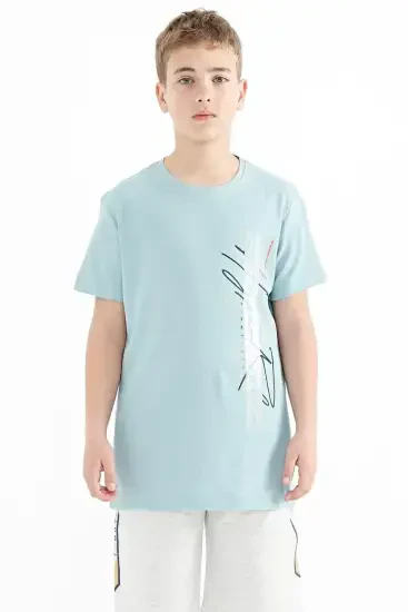 Açık Mavi Yazı Baskılı O Yaka Standart Kalıp Erkek Çocuk T-Shirt - 11119 