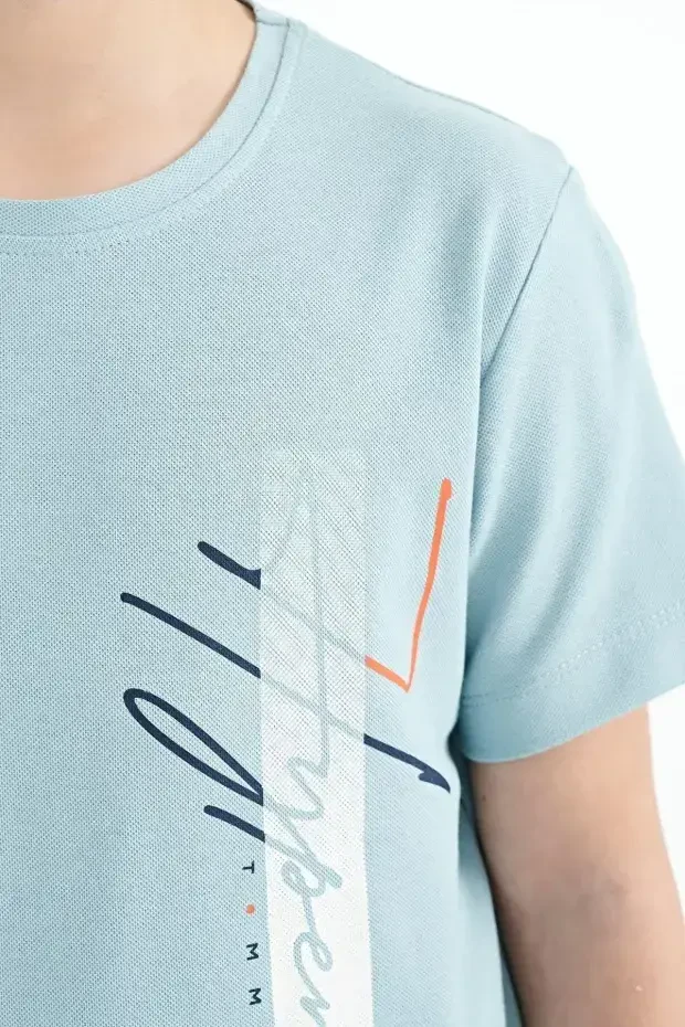 Açık Mavi Yazı Baskılı O Yaka Standart Kalıp Erkek Çocuk T-Shirt - 11119 - 3