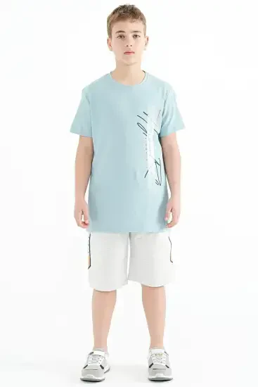 Açık Mavi Yazı Baskılı O Yaka Standart Kalıp Erkek Çocuk T-Shirt - 11119 - TOMMYLIFE (1)