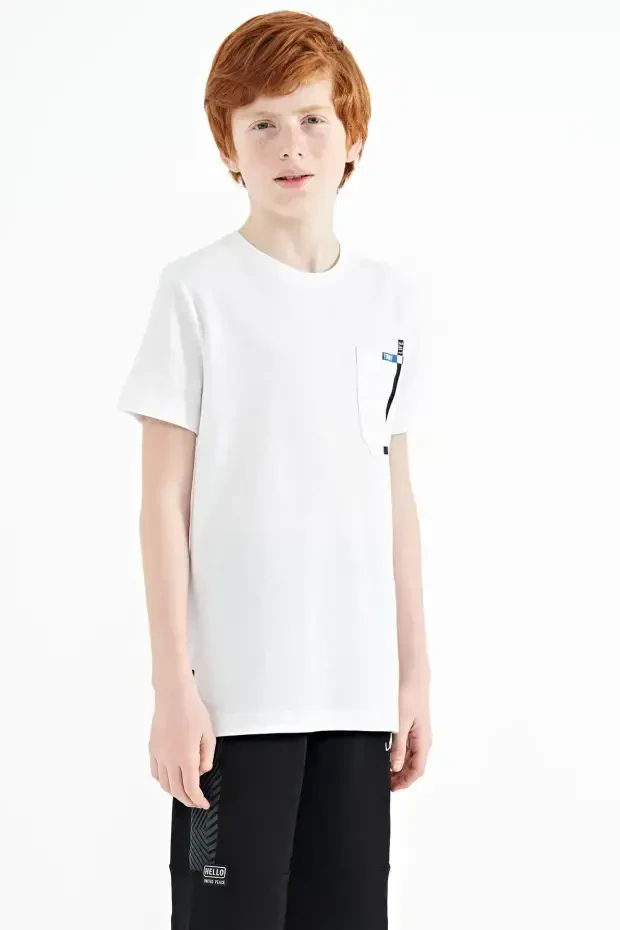 Beyaz Cep Detaylı O Yaka Standart Kalıp Erkek Çocuk T-Shirt - 11120 - 5
