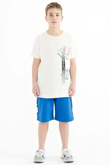 Ekru Yazı Baskılı O Yaka Standart Kalıp Erkek Çocuk T-Shirt - 11119 - Thumbnail