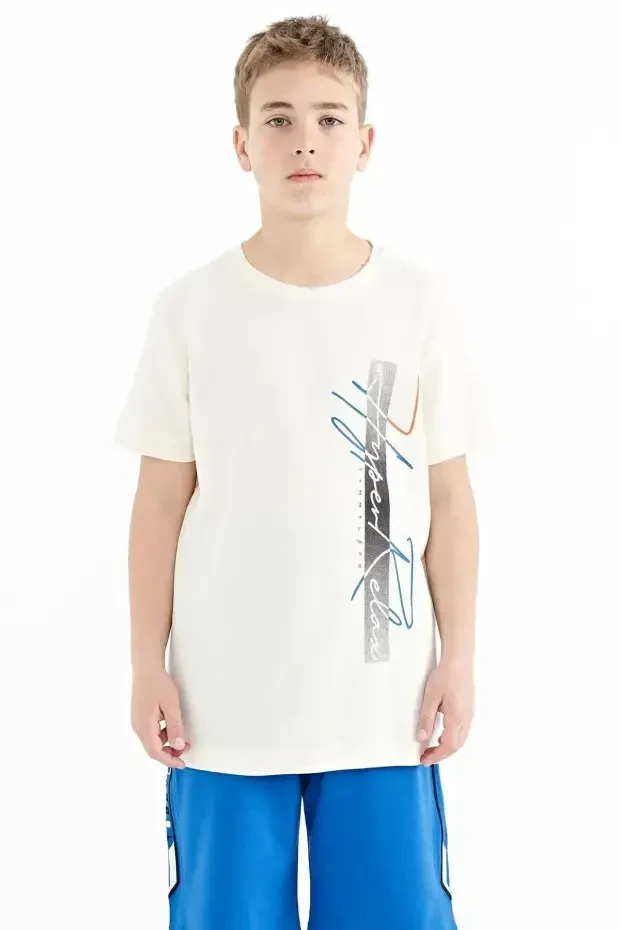 Ekru Yazı Baskılı O Yaka Standart Kalıp Erkek Çocuk T-Shirt - 11119 - TOMMYLIFE