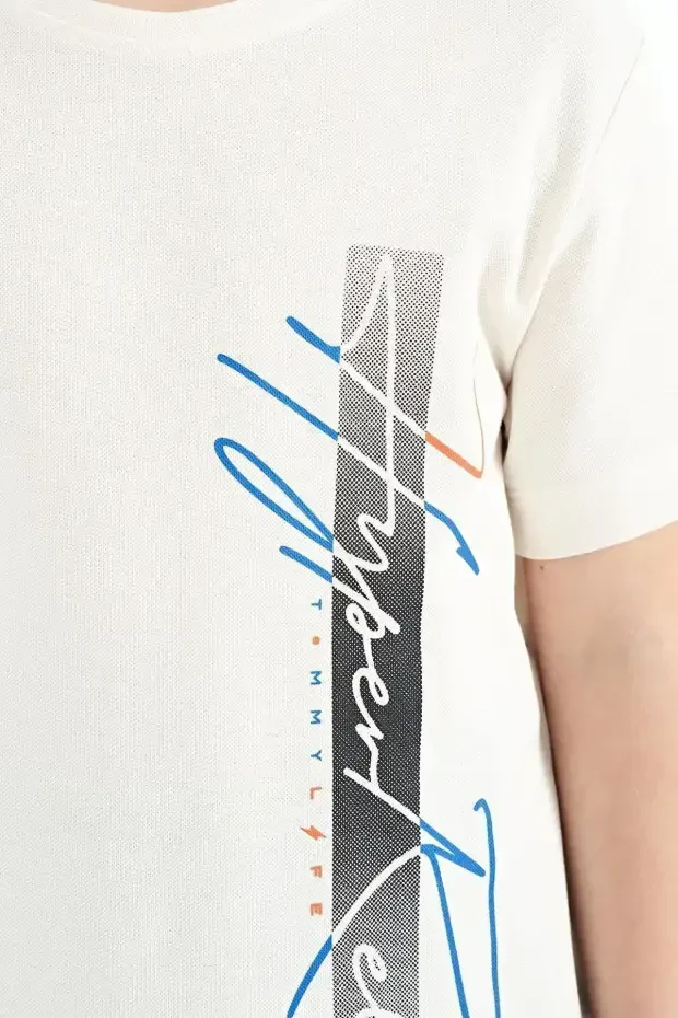 Ekru Yazı Baskılı O Yaka Standart Kalıp Erkek Çocuk T-Shirt - 11119 - 3