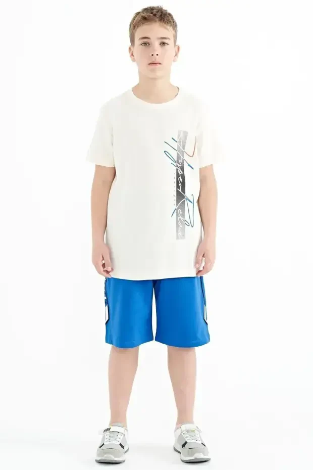 Ekru Yazı Baskılı O Yaka Standart Kalıp Erkek Çocuk T-Shirt - 11119 - 4