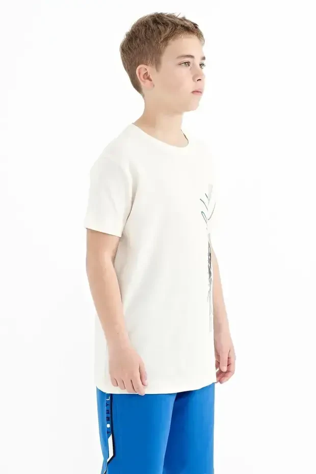 Ekru Yazı Baskılı O Yaka Standart Kalıp Erkek Çocuk T-Shirt - 11119 - 2