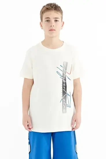 Ekru Yazı Baskılı O Yaka Standart Kalıp Erkek Çocuk T-Shirt - 11119 