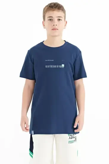 İndigo Baskı Detaylı O Yaka Standart Kalıp Erkek Çocuk T-Shirt - 11117 