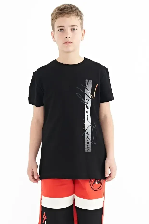 Siyah Yazı Baskılı O Yaka Standart Kalıp Erkek Çocuk T-Shirt - 11119 - 1