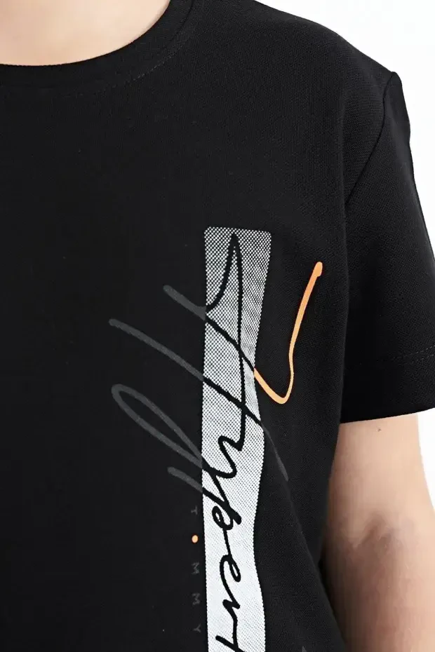 Siyah Yazı Baskılı O Yaka Standart Kalıp Erkek Çocuk T-Shirt - 11119 - 3