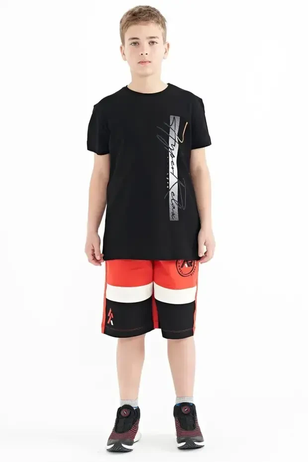 Siyah Yazı Baskılı O Yaka Standart Kalıp Erkek Çocuk T-Shirt - 11119 - 2
