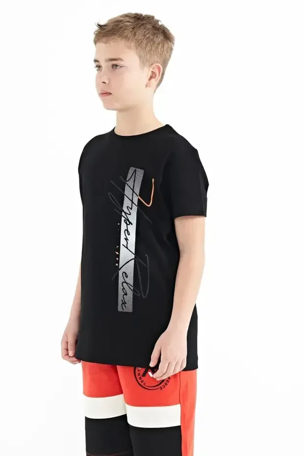 Siyah Yazı Baskılı O Yaka Standart Kalıp Erkek Çocuk T-Shirt - 11119 - 4