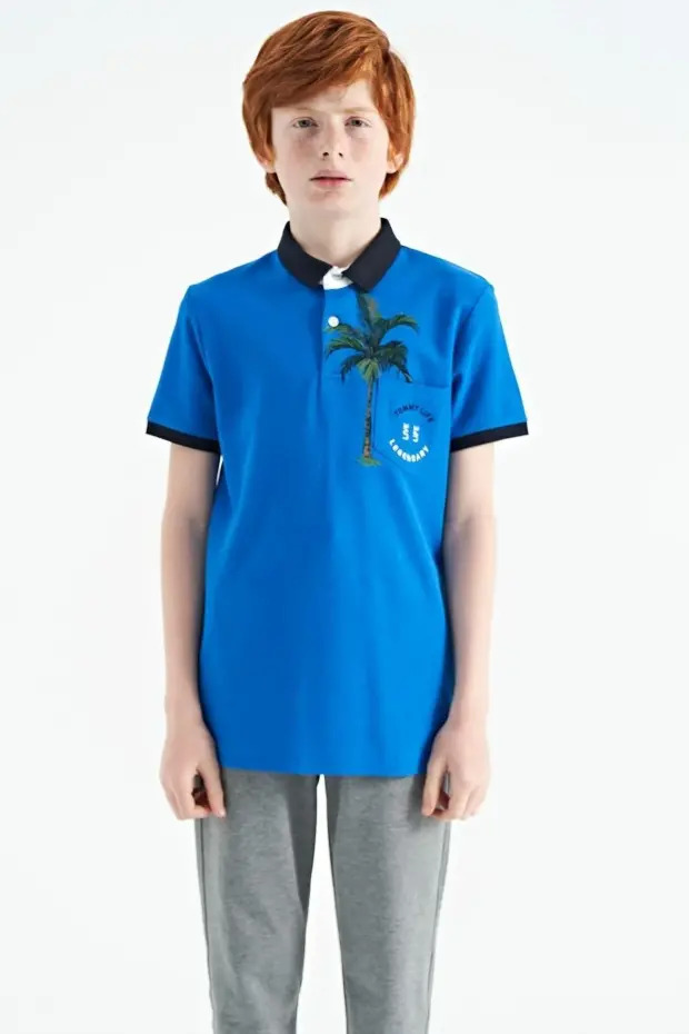 Saks Baskılı Cep Detaylı Standart Kalıp Polo Yaka Erkek Çocuk T-Shirt - 11144