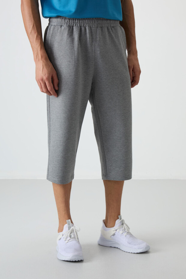 Gri Melanj Pamuklu Yumuşak Dokulu Standart Fit Nakışlı Erkek Kapri - 83102 - 4