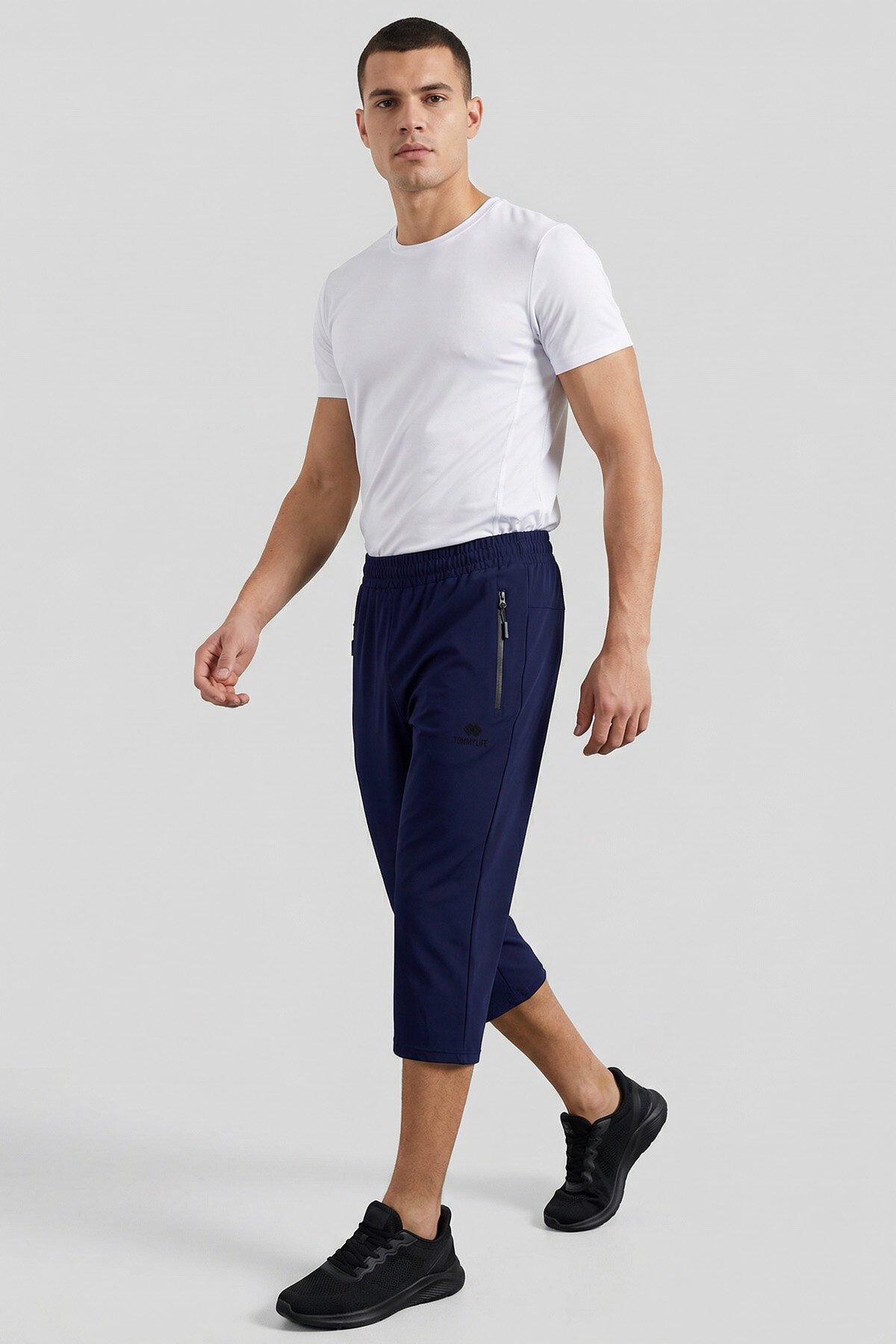 İndigo Bağcıklı Standart Kalıp Fermuar Cepli Aktif Spor Erkek Kapri - 83096 - TOMMYLIFE (1)