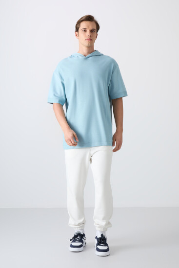 Açık Mavi Pamuklu Kalın Yüzeyi Dokulu Oversize Fit Basic Erkek T-Shirt - 88335 - TOMMYLIFE (1)