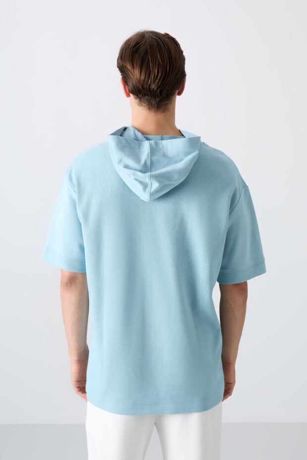 Açık Mavi Pamuklu Kalın Yüzeyi Dokulu Oversize Fit Basic Erkek T-Shirt - 88335 - 5