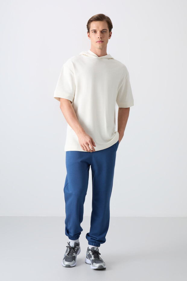 Ekru Pamuklu Kalın Yüzeyi Dokulu Oversize Fit Basic Erkek T-Shirt - 88335 - 2