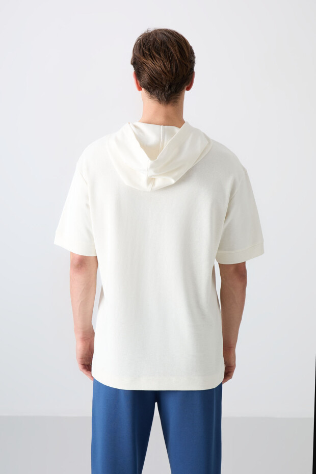 Ekru Pamuklu Kalın Yüzeyi Dokulu Oversize Fit Basic Erkek T-Shirt - 88335 - 5