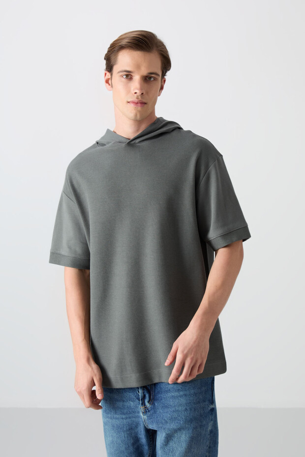 Haki Pamuklu Kalın Yüzeyi Dokulu Oversize Fit Basic Erkek T-Shirt - 88335 - 4