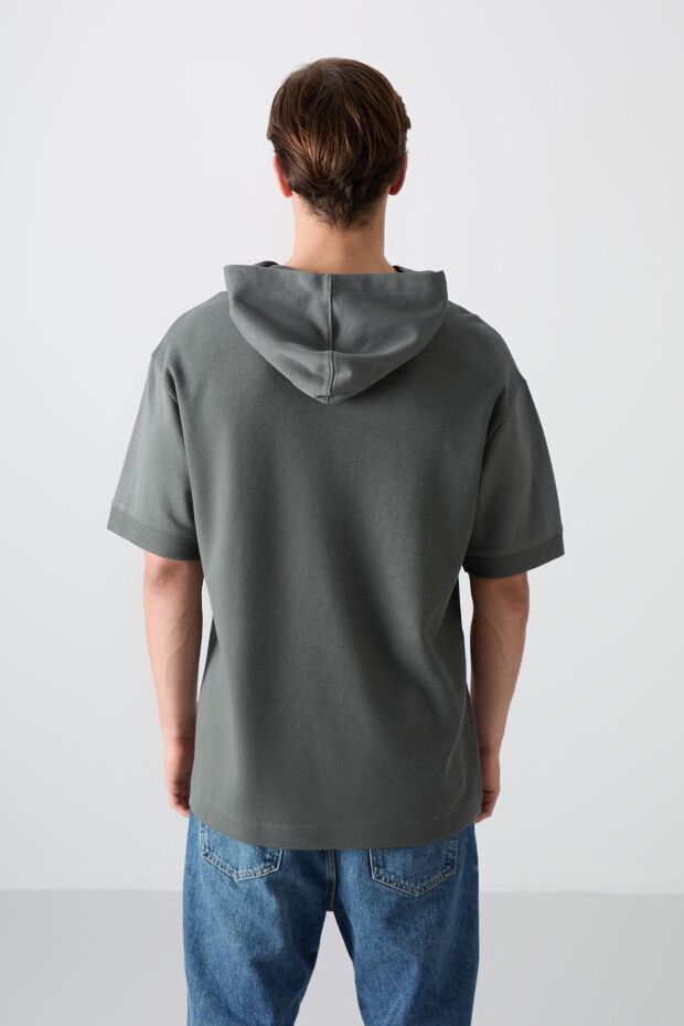 Haki Pamuklu Kalın Yüzeyi Dokulu Oversize Fit Basic Erkek T-Shirt - 88335