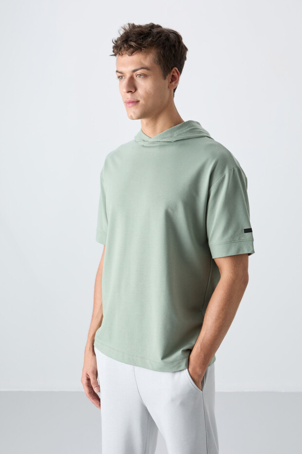 Açık Yeşil Pamuklu Kalın Yumuşak Dokulu Oversize Fit Basic Erkek T-Shirt - 88352