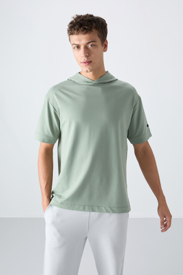 Açık Yeşil Pamuklu Kalın Yumuşak Dokulu Oversize Fit Basic Erkek T-Shirt - 88352